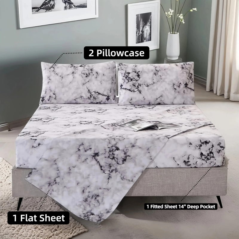 MAG Marble Bed Sheet, 4PC Black White and Gray, Full Size Modern Pattern Printed Bedding Sheet Set with 1 Top Flat & 1 Fitted Sheet with 2 Pillowcases, 14â€ Deep - Image 2